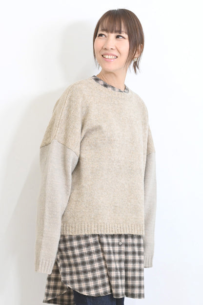 袖配色ゆったりニットプルオーバー